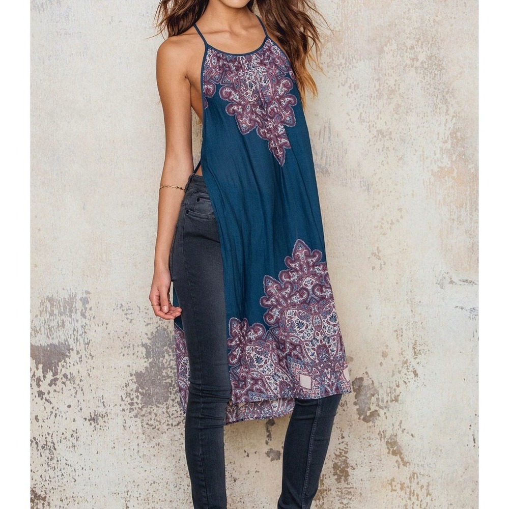 Free People Paisley Voile High Slit Racerback Tunic Tank Top Size Medium